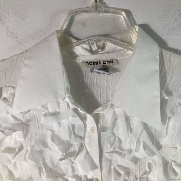 Womens Vintage Notations Crinkle Bow Bead Button Shirt Bell Sleeve M White - Picture 6 of 9